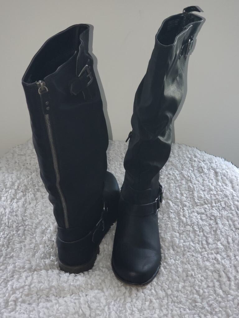 XOXO Footwear Womens’ High PreOwned Black Boots With Buckles eBay