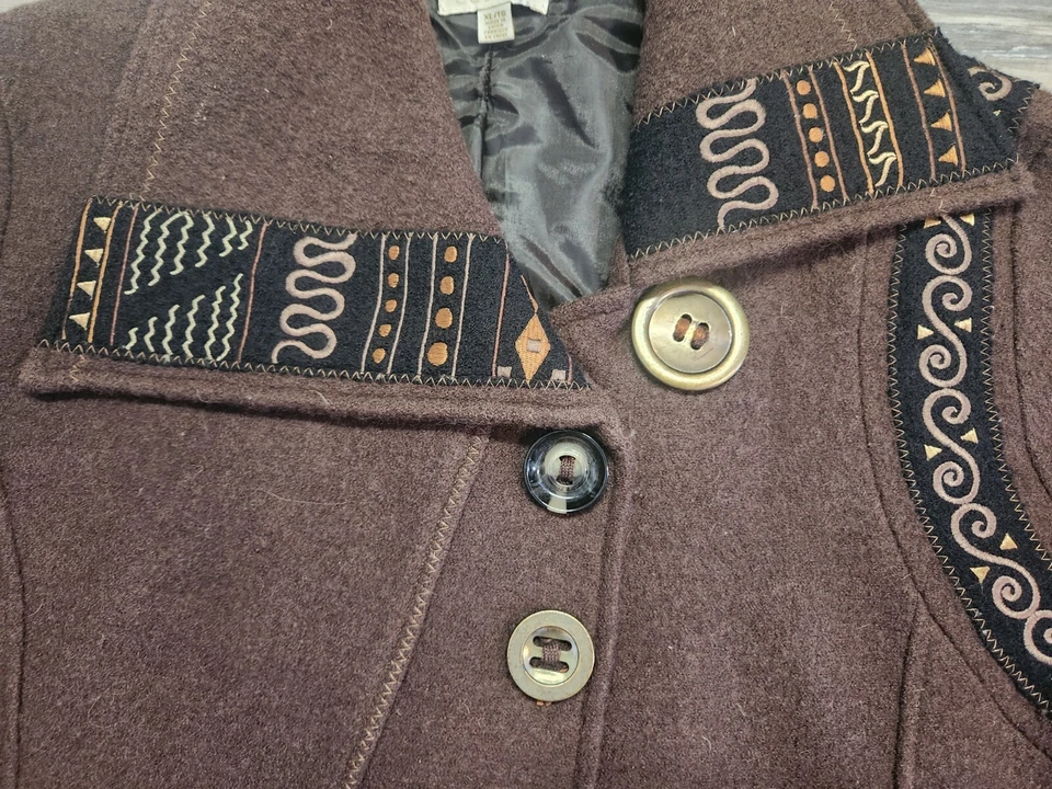 Chaqueta Carson Bordada Marrón Lana Botón Forrada Para Mujer XL Artística Boho Artística Foto 3 de 4