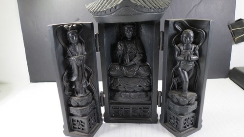 TRITTICO VINTAGE PORTATILE DETTAGLIATO 3 PANNELLI INTAGLIATO SACRO PIEGHEVOLE SANTUARIO BUDDISTA