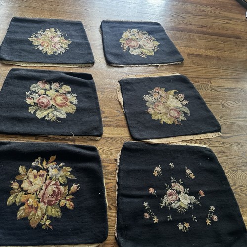 Vintage Chair Seat Covers Floral Needle Point Work Canvas Square Set Of 6 Black