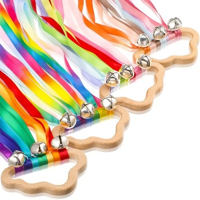 4 Pieces Rainbow Hand Ribbon Kite with Bells Wind Wand Dancing Ribbon Streame...