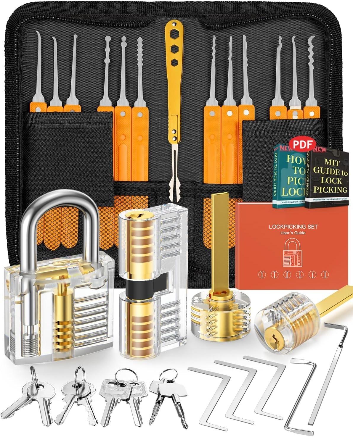Kit de crochetage 32 pièces avec 4 serrures transparentes d'entraînement en acrylique