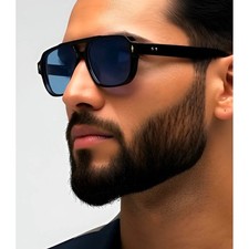 Bold Square Aviator Sunglasses Black Frame Blue Lens Men's Fashion Accessory New