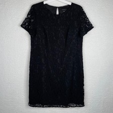 Ann Taylor Womens Black Floral Lace Short Sleeve Shift Dress Sz 12 Keyhole Back