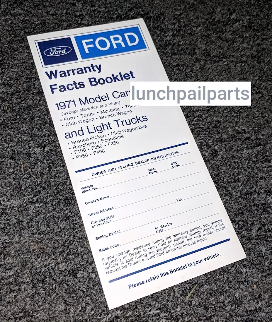 NOS Ford Warranty Mustang Mach 1 Torino Cobra Galaxie Custom Rancheo F100 F250