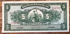 PERU 5 SOLES De Oro 1965 Banknote - Vintage Crisp Peruvian Bank Bill 5 Soles Oro