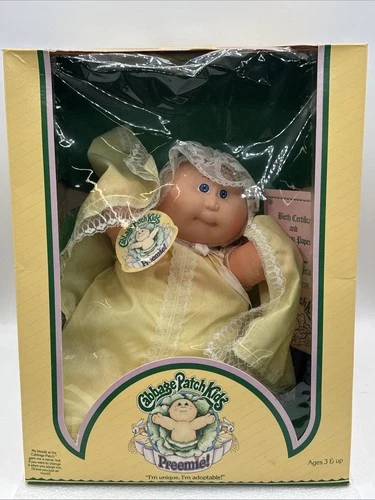 Cabbage Patch Kids 1983 Preemie Doll Blue Eyes Yellow Lace Dress & Bonnet