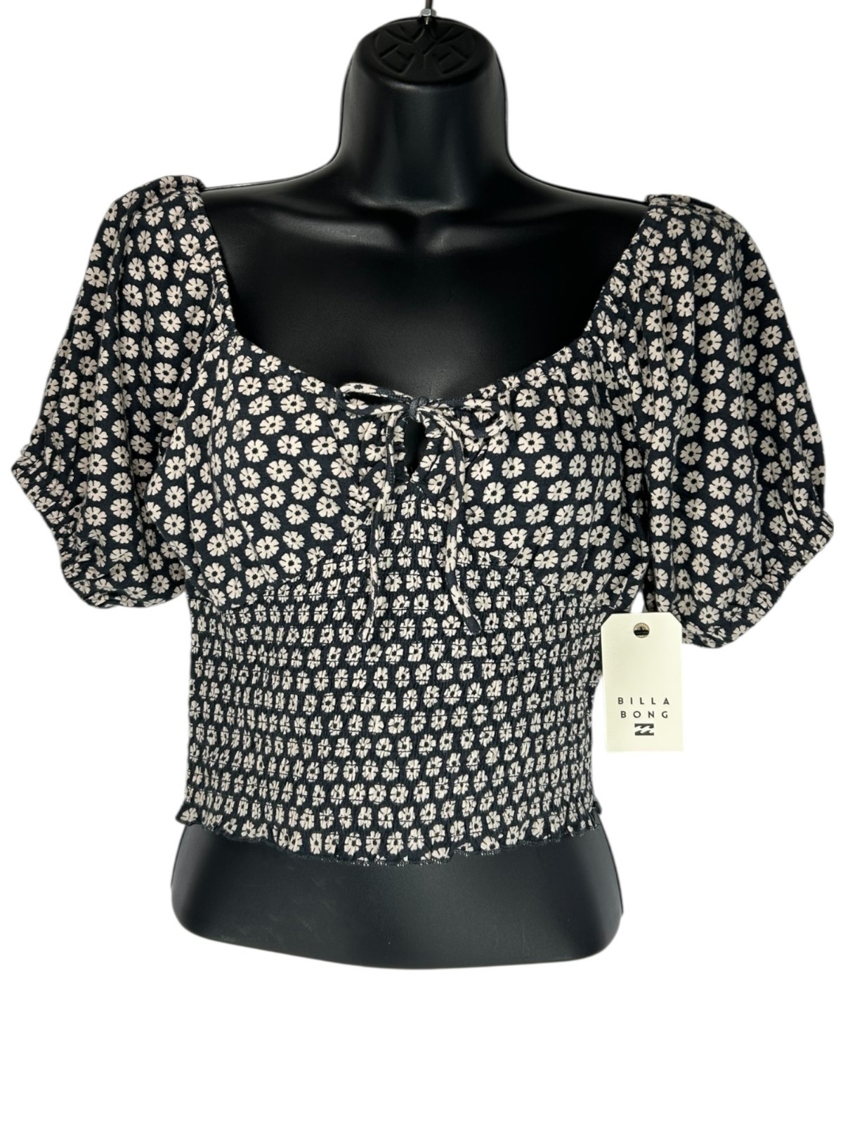 BILLABONG Puff Sleeve Crop Top Sz L Black Beige Floral Smocked Sweetheart Cotton