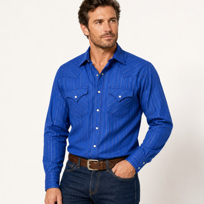 Ely Cattleman Western Shirt Men s 16.5 33 Blue Metallic Stripe Pearl Snap