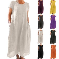 Women Casual Short Sleeve Summer Holiday Linen Cotton Long Loose Dress PLUS SIZE