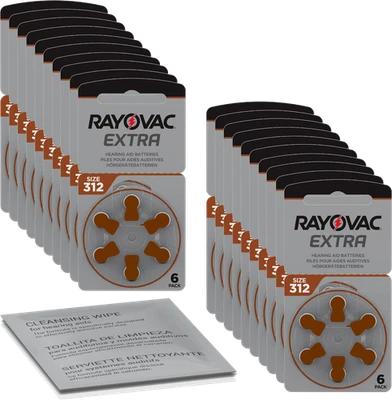 120 piles auditives Rayovac Extra Advanced marron 312 (20 x 6) + chiffon de n... - Photo 1/4