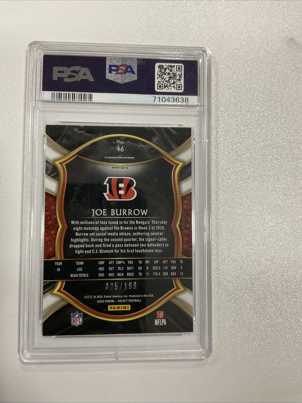2020 Panini Select - Concourse Joe Burrow #46 Tri-Color Prizm /199 PSA10 view 4
