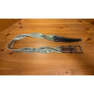 Nanni Italy Mesh Studded Belt Brown Leather Silver Tone Geometric Accents Small