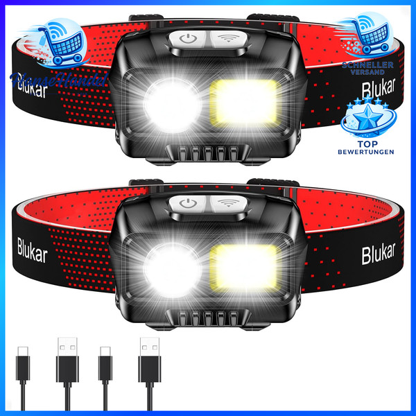 LED Stirnlampe Wiederaufladbar 2000L Mit Rotlicht 2 StüCk Kopflampe-image
