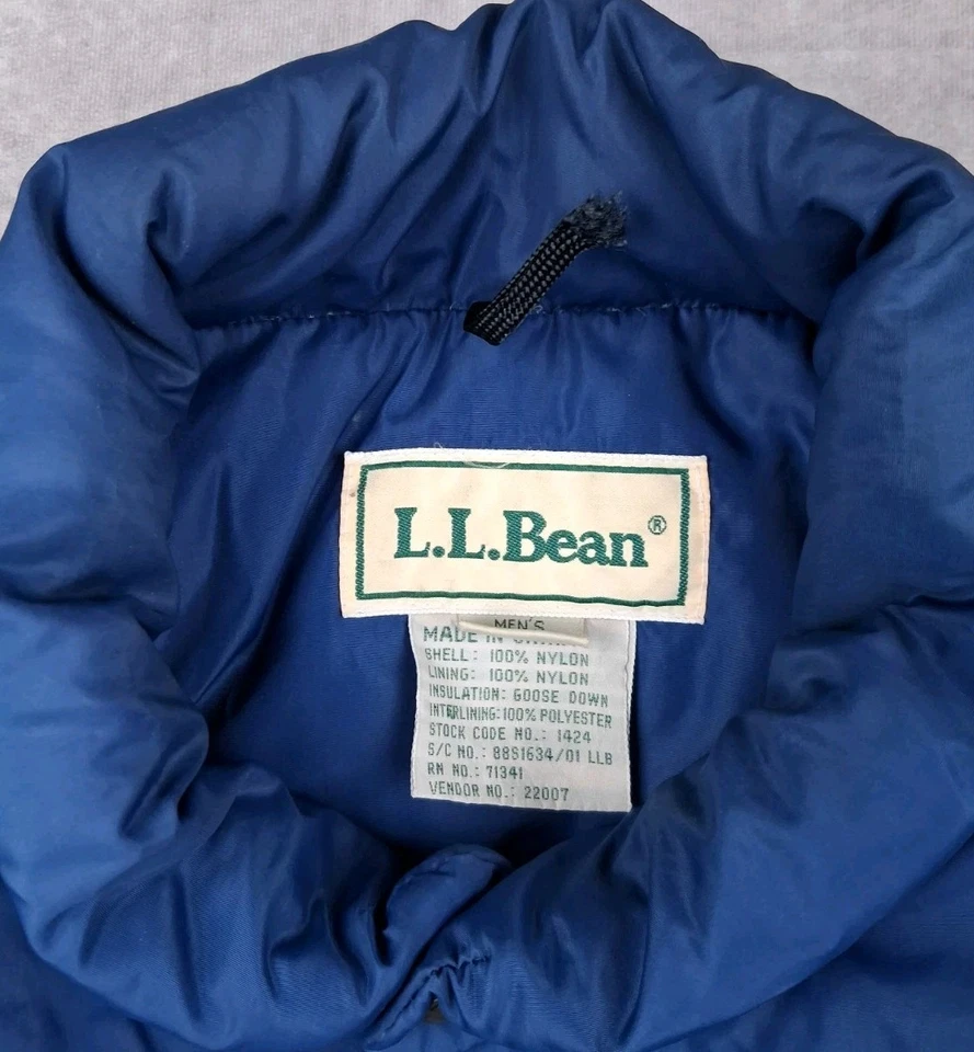 Vtg LL Bean Puffer Vest Mens XL Tall Blue Goose Down Nylon *REPAIRED Snap 90s - Image 2 of 4