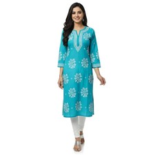 Chikankari Sky Blue Cotton Kurti: Lucknowi Straight Cotton Kurta/Kurti for Women