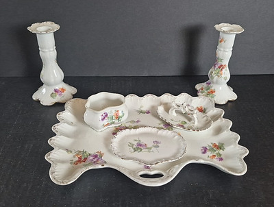 Porcelain Vanity Set 6 Piece Painted Gilded Ruffle Edge