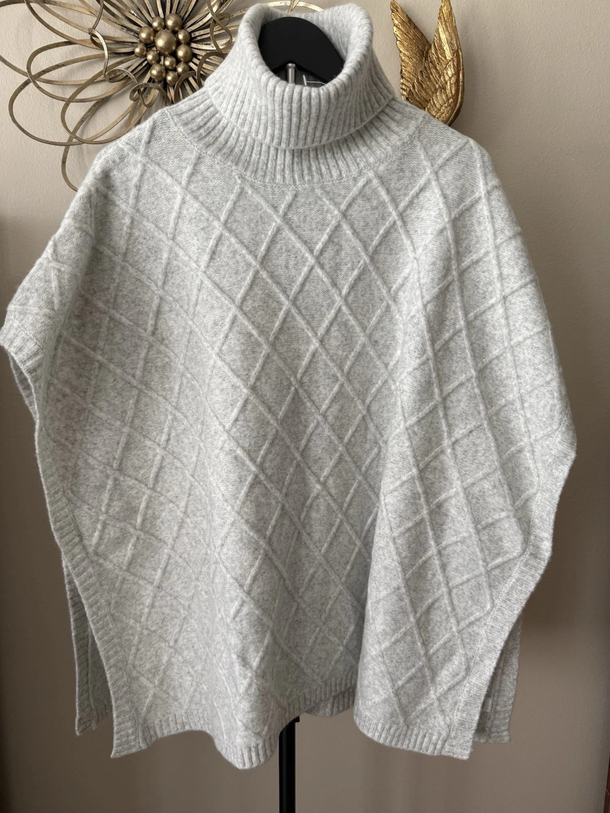 LOFT Turtleneck Poncho Sweater Womens XS S Gray Diamond Knit Cape Cozy Oversized