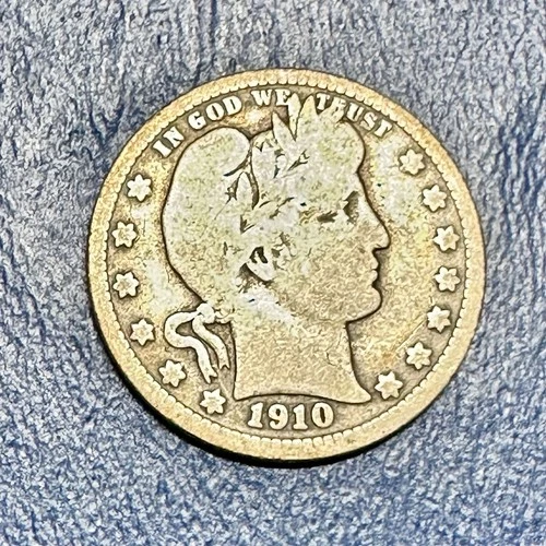 1910 Barber Quarter. 90% Silver. Good Condition. Charity Auction.