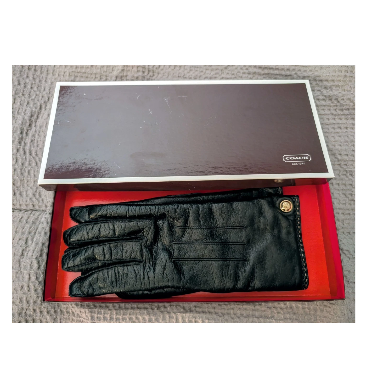 Coach Black Leather, Cashmere Lined Gloves Size 8 Women Gold Button Logo