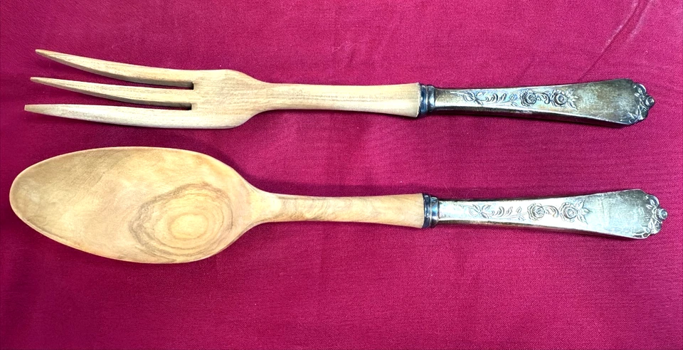 Juego de servir ensalada de madera de olivo Wallace Silversmiths con caja e inserto - vintage Foto 2 de 4