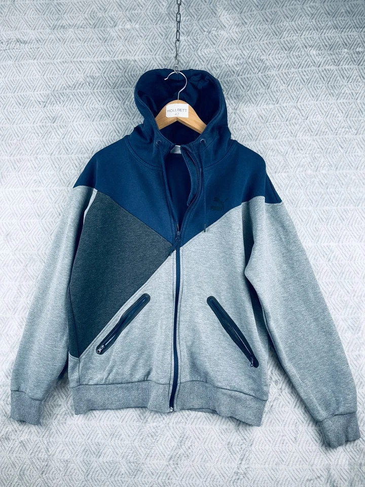 Puma Sweat Zip Homme M Bleu Gris Colorblock Coton Capuche Hiver Sportswear - Photo 1/4