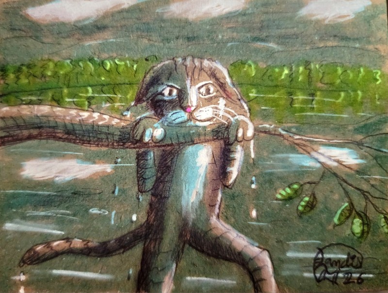 Jacob Landis HANDMADE ORIGINAL Whimsy Art ACEO Wet Lake Kitten "Climbing Out'"