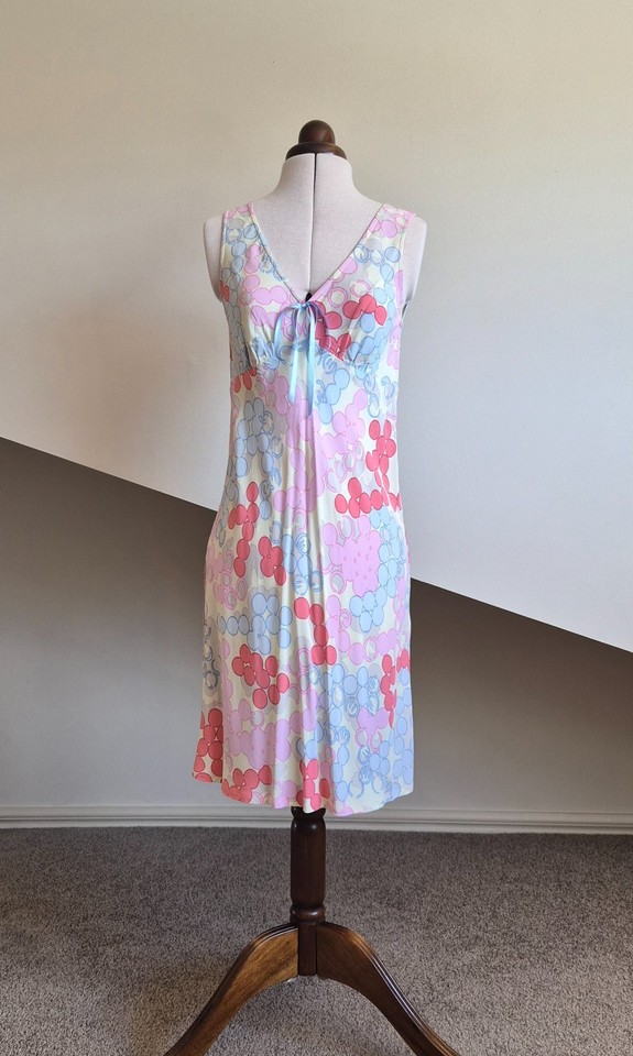 Sisley Pastel Abstract Print Sleeveless Midi Slip Dress Ribbon Bow Size S AU 8