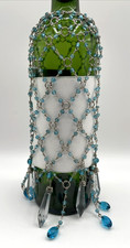 VTG Blue Glass Beaded w/ Crystal Wine Bottle Charm Dresser Skirt Cover Display