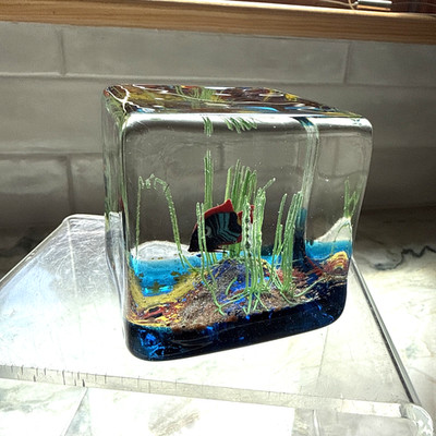 Ferro & Lazzarini Murano Glass Aquarium Cube Paperweight Tropical Fish Italy