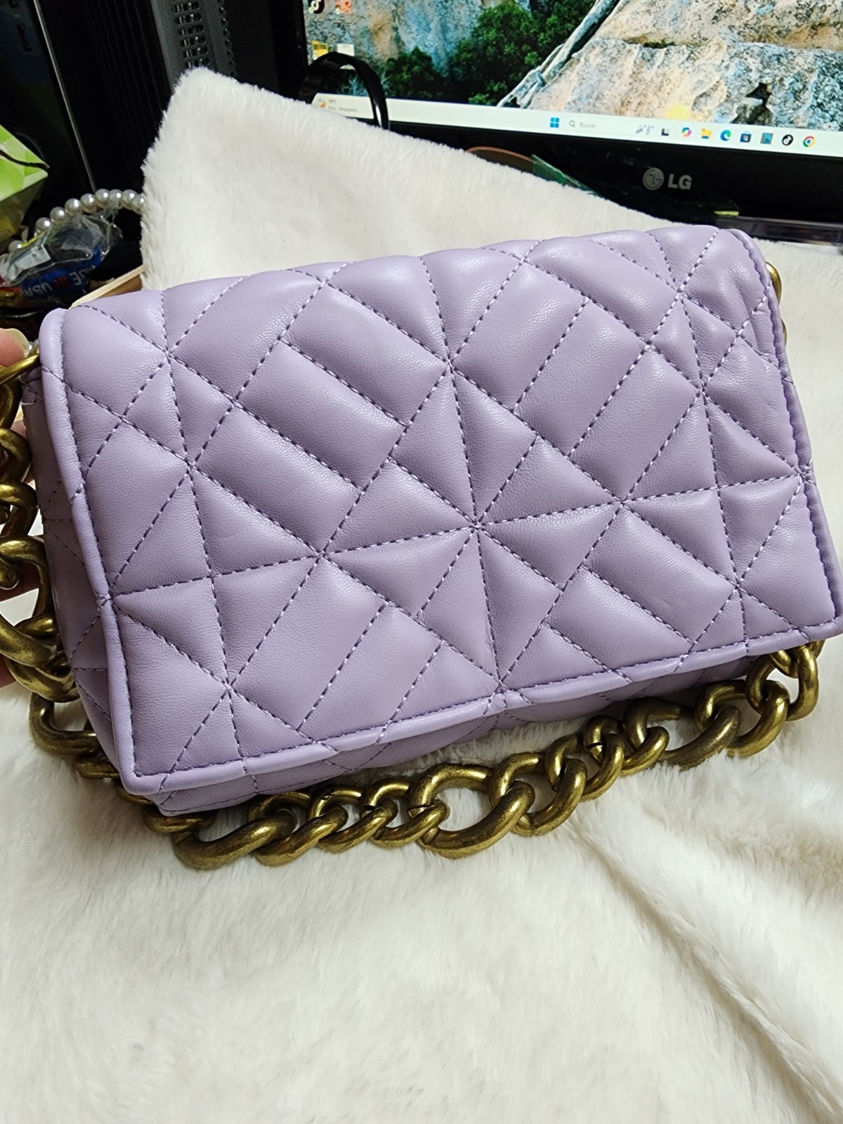 Zara Lavender Quilted Shoulder Bag Chain Strap Gold Hardware for Women image 9