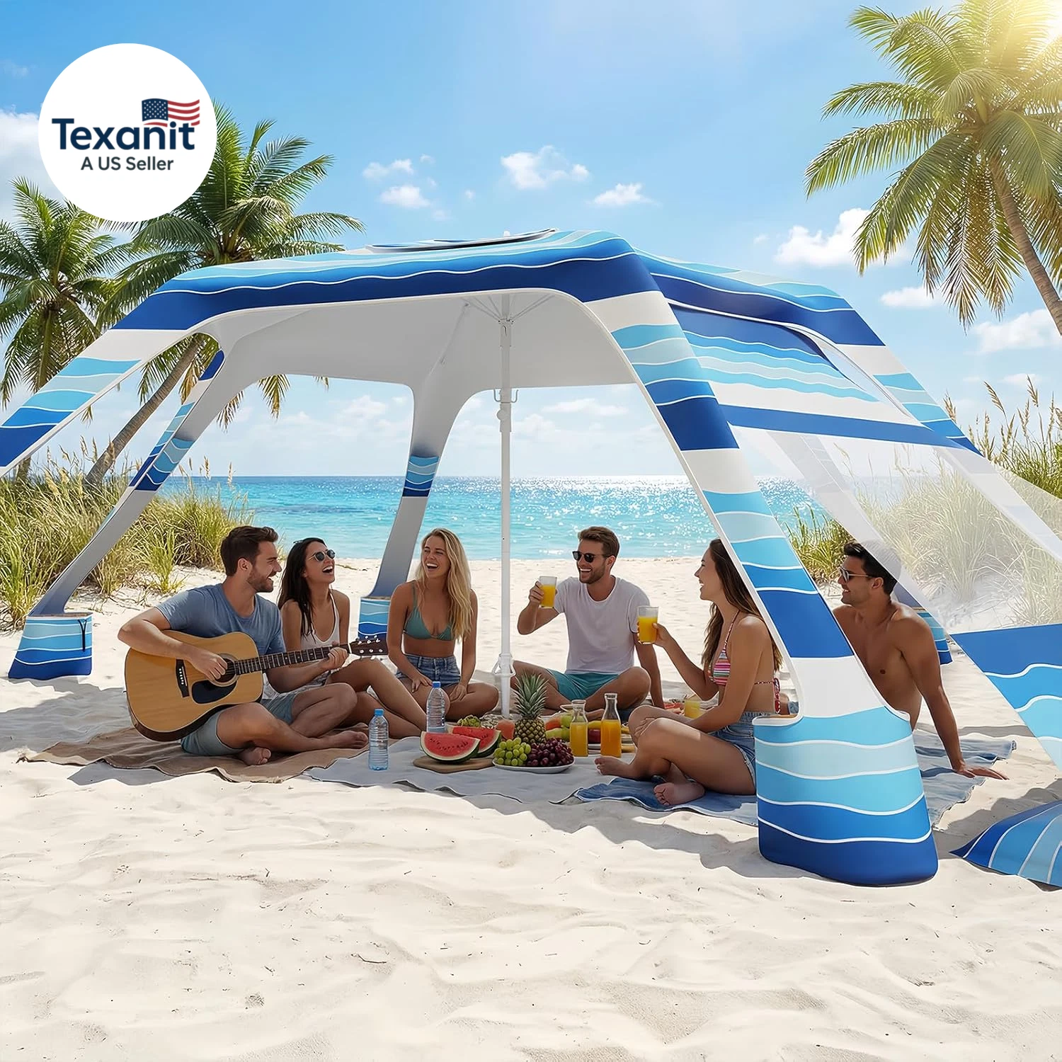 Beach Cabana with 6-Corner, 51.0 Sq.Ft UPF50+ Beach Canopy, Adjustable Height Be