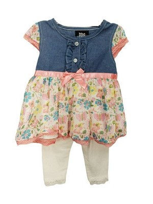 DDG Darling Baby Girl 2-Piece Outfit Denim Top Floral Chiffon Overlay & White La