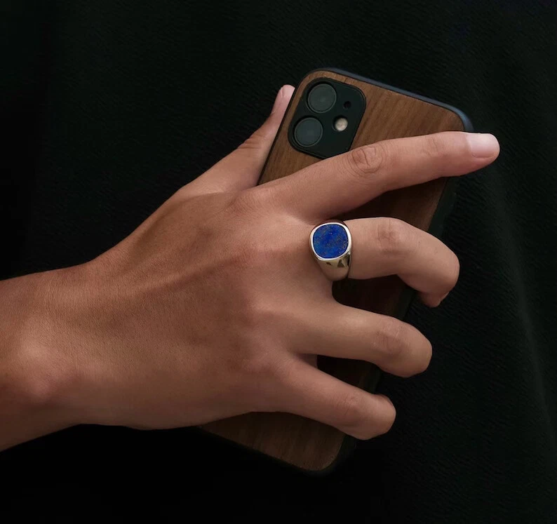 Blue Lapis Lazuli Signet Ring 925 Sterling Silver Ring Pinky Signet Ring Men - Image 3 of 3