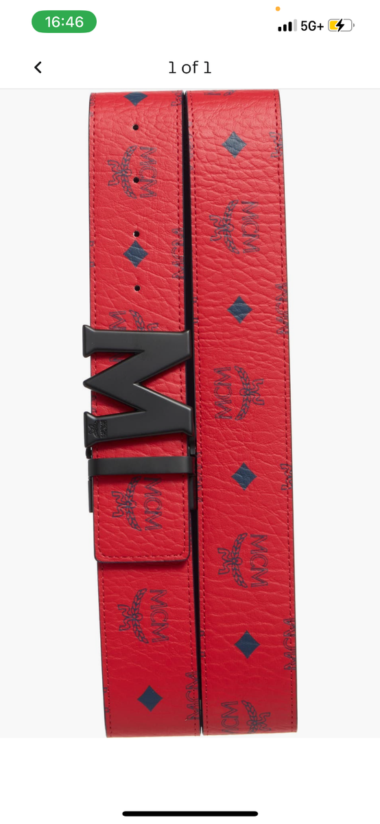 MCM Mens Claus Black M Buckle Candy Red Leather Reversible Belt