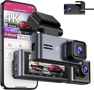 OMBAR Dash Cam 5G WiFi GPS, 3 Channel Dash Cam Front and Rear Inside 2K+1080P