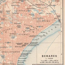 Varanasi Vārāṇasī  Benares 1914 INDIA   ORIGINAL  MAP CITY PLAN Hindustan