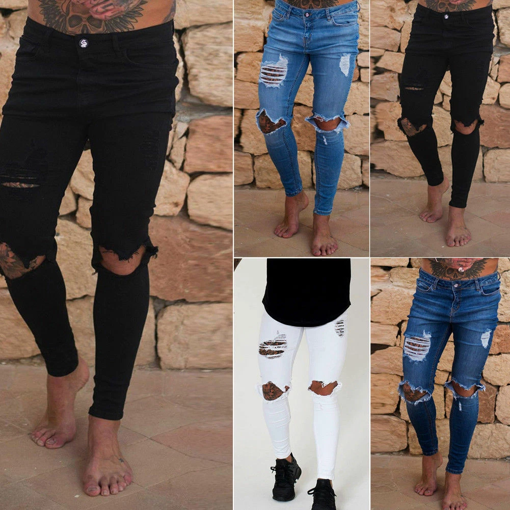 Pantalones Vaqueros Ajustados Con Agujeros Moda Casual Elástico Jean | eBay