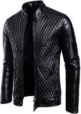 Men's Stand Collar Diamond Zip-Up PU Leather Motorcycle Jacket Coat Bk M