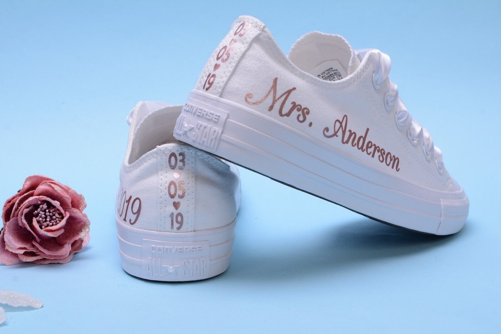 Afstoten Spelling Omkleden Personalised Rose Gold Foil Wedding Converse Trainers For Bride, Sneakers  Bridal | eBay