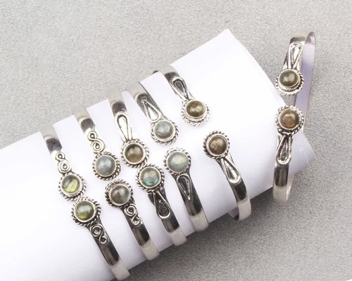 Natural Labradorite Crystal Cuff 10Pcs Bangle,Silver Overlay Adjustable Bangle~ - Picture 2 of 2
