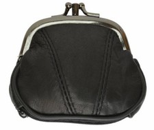 BLACK Genuine Leather Lady 2 Compartment Plain Coin Change Purse Holder New 