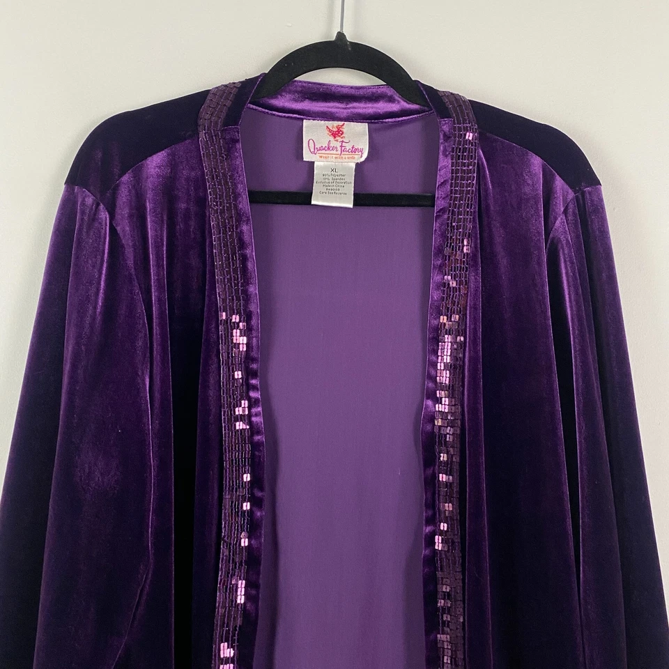 Quacker Factory Velvet Cardigan Size XL Purple Sequin Trim - Image 2 of 4