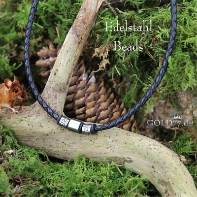 Lederkette schwarz geflochten mit Beads + Verschluss Edelstahl  Längen 38-50cm - Bild 1 von 4