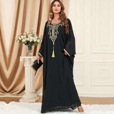 Muslim Dress Embroidered Abaya Black Bat Sleeve Loose Arab Islamic Robe  Jalabiya | eBay