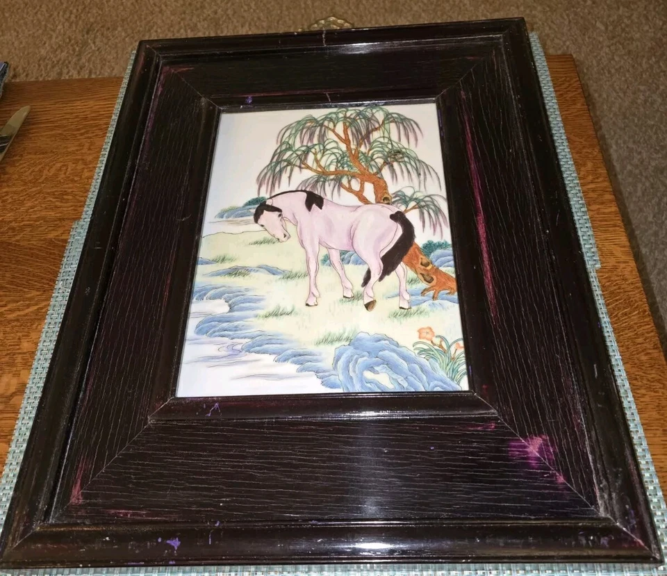 PLACA PORCELANA SIGLO XIX CHINA ANTIGUA FAMILIA ROSA MARCO MADERA REPÚBLICA Foto 3 de 4