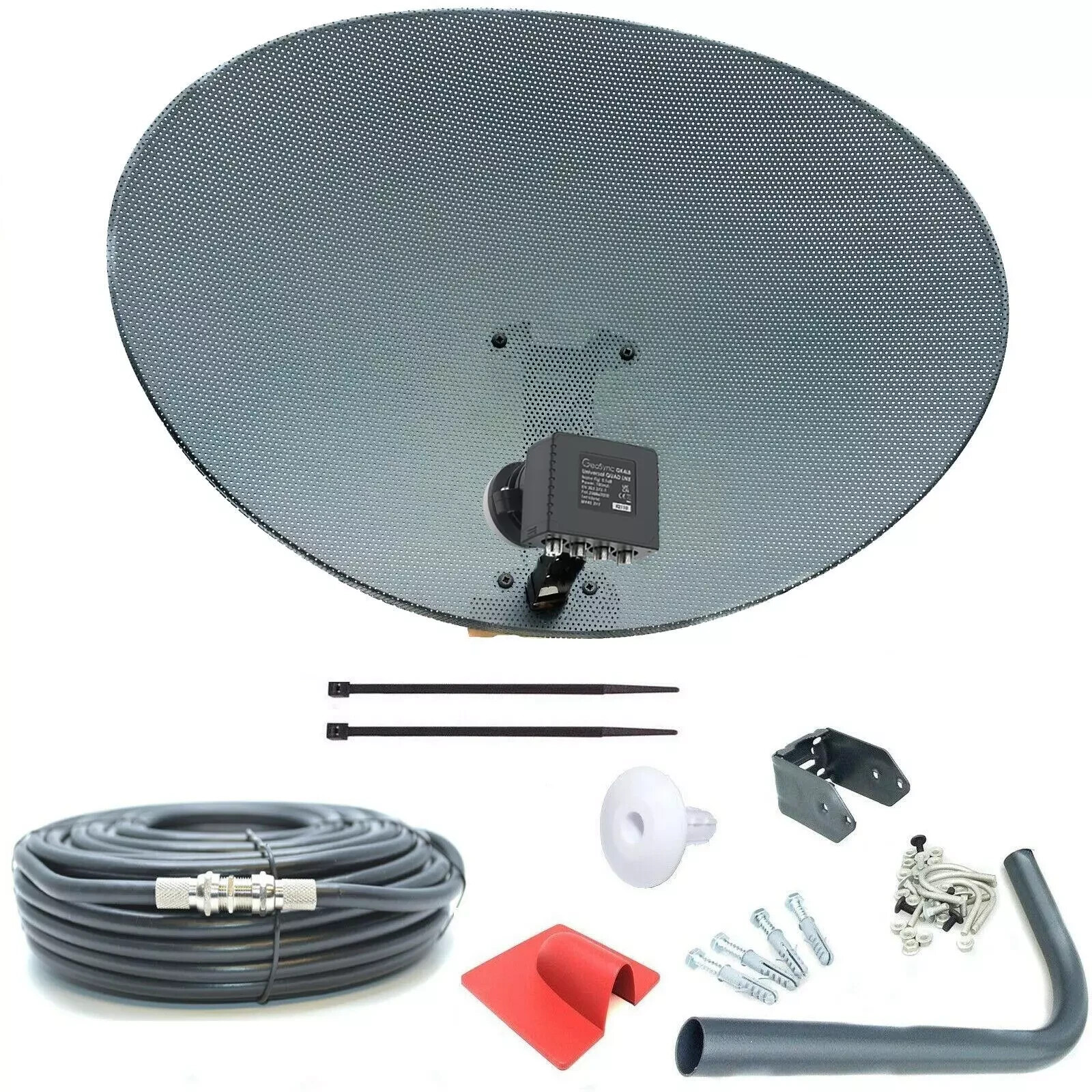 80cm Zone 2 Satellite Dish & Quad LNB + 20m RG6 Black Kit For Freesat / Sky + HD
