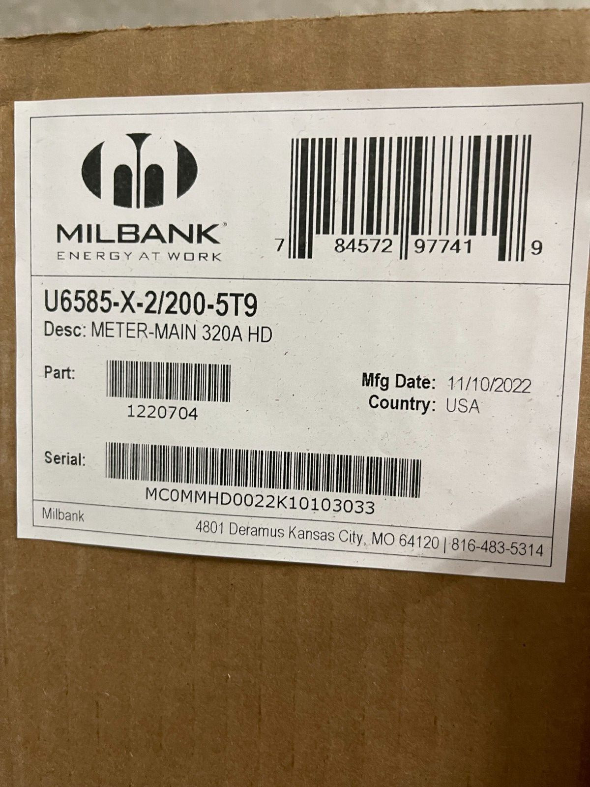 Milbank - 400/320 amp meter/combo,  U6585-X-2/200-5T9  , with 2-200 a breakers