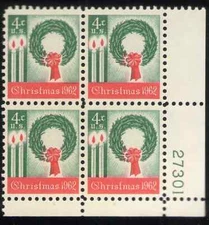 US Christmas Wreath Candles  4c Stamp Plate Block of 4 Scott #1205