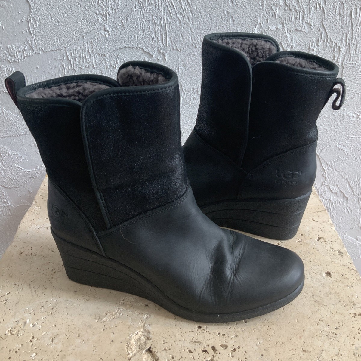 UGG Renata Black Leather Waterproof Wedge Ankle Boot Women US